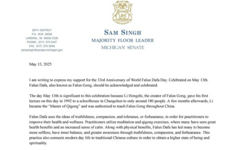 Image for article Michigan: US-Senator würdigt Welt-Falun-Dafa-Tag
