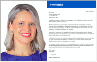 Image for article Australien: Abgeordnete von Queensland lobt den Beitrag von Falun Dafa für die Gemeinschaft in ihrem Brief zum Falun-Dafa-Tag