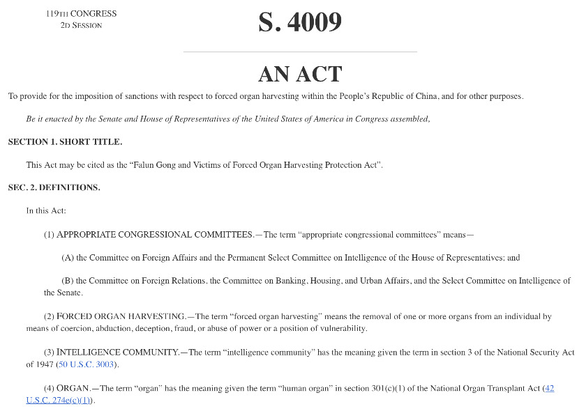 Image for article US-Senat verabschiedet Gesetz S.4009: Schutzgesetz für Falun Gong und Opfer von Zwangsorganentnahme